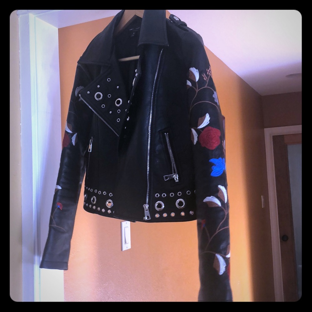 Floral detail leather bomber